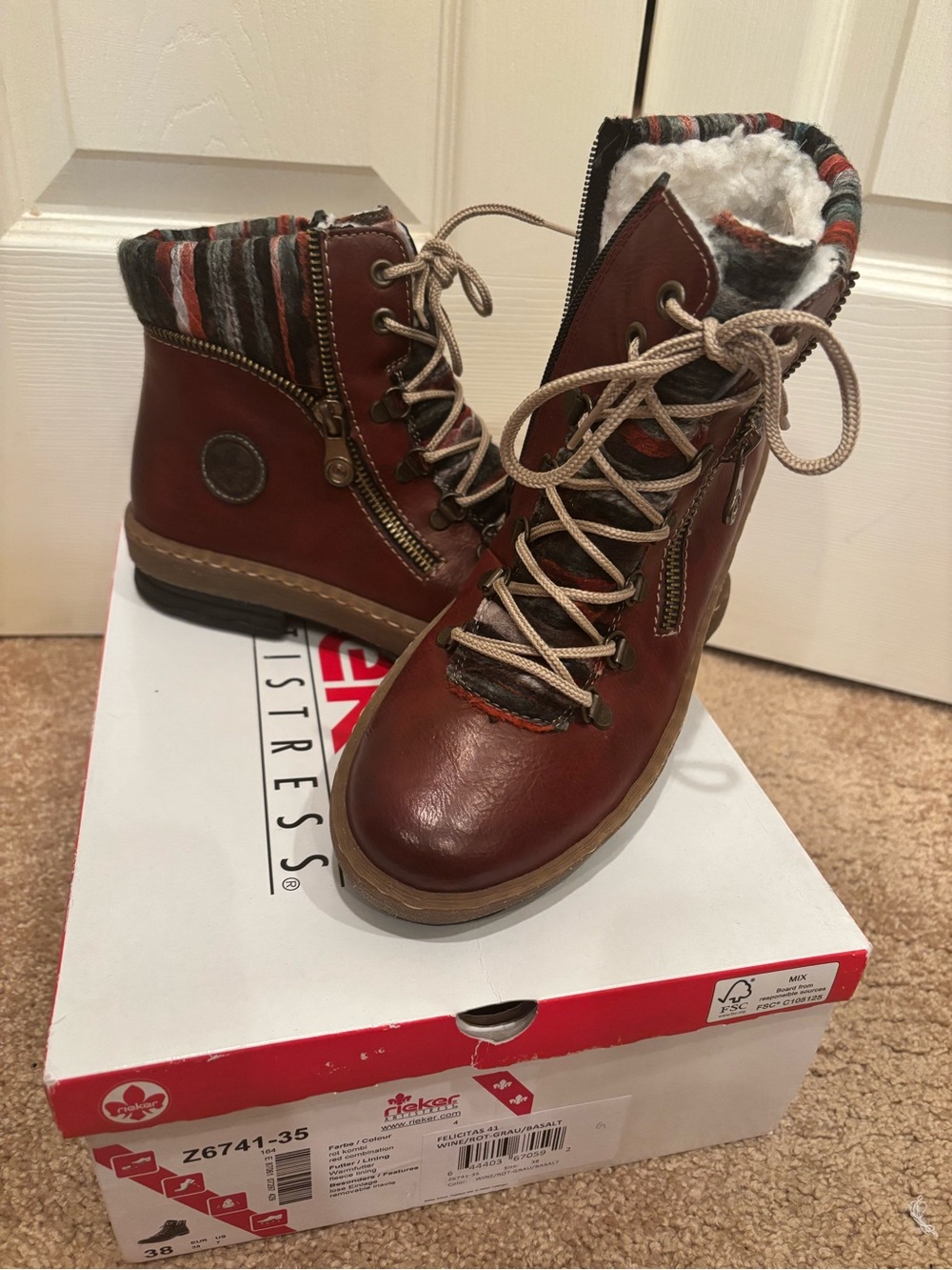 Rieker Wine Leather Zip-Up Winter Ankle Boots with Knit Collar